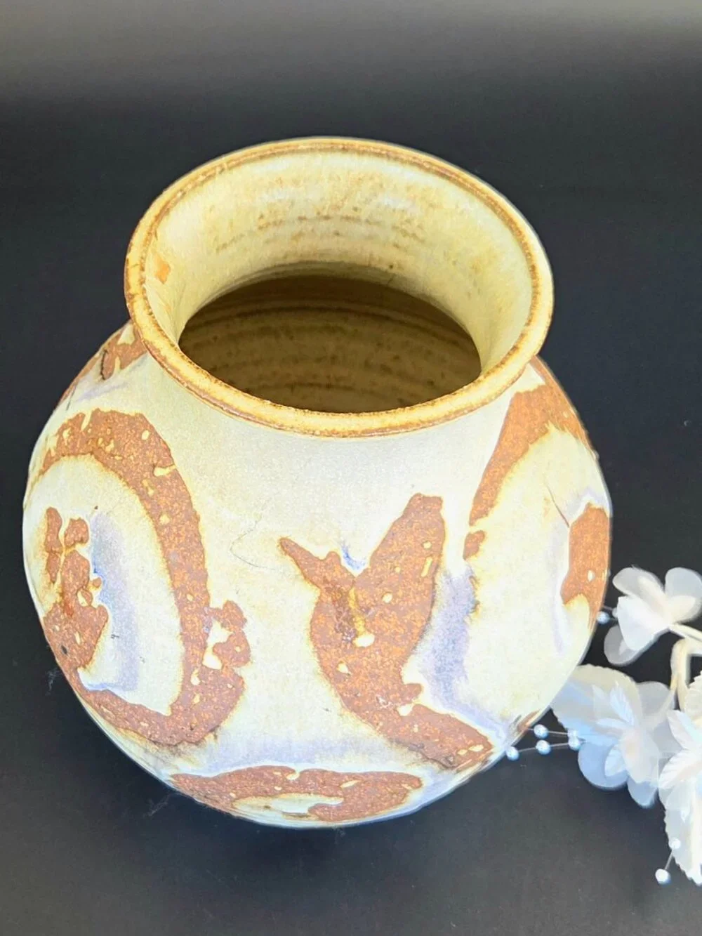 Antique 1918 Handmade Stoneware Pottery Vase – Cream & Brown – Signed